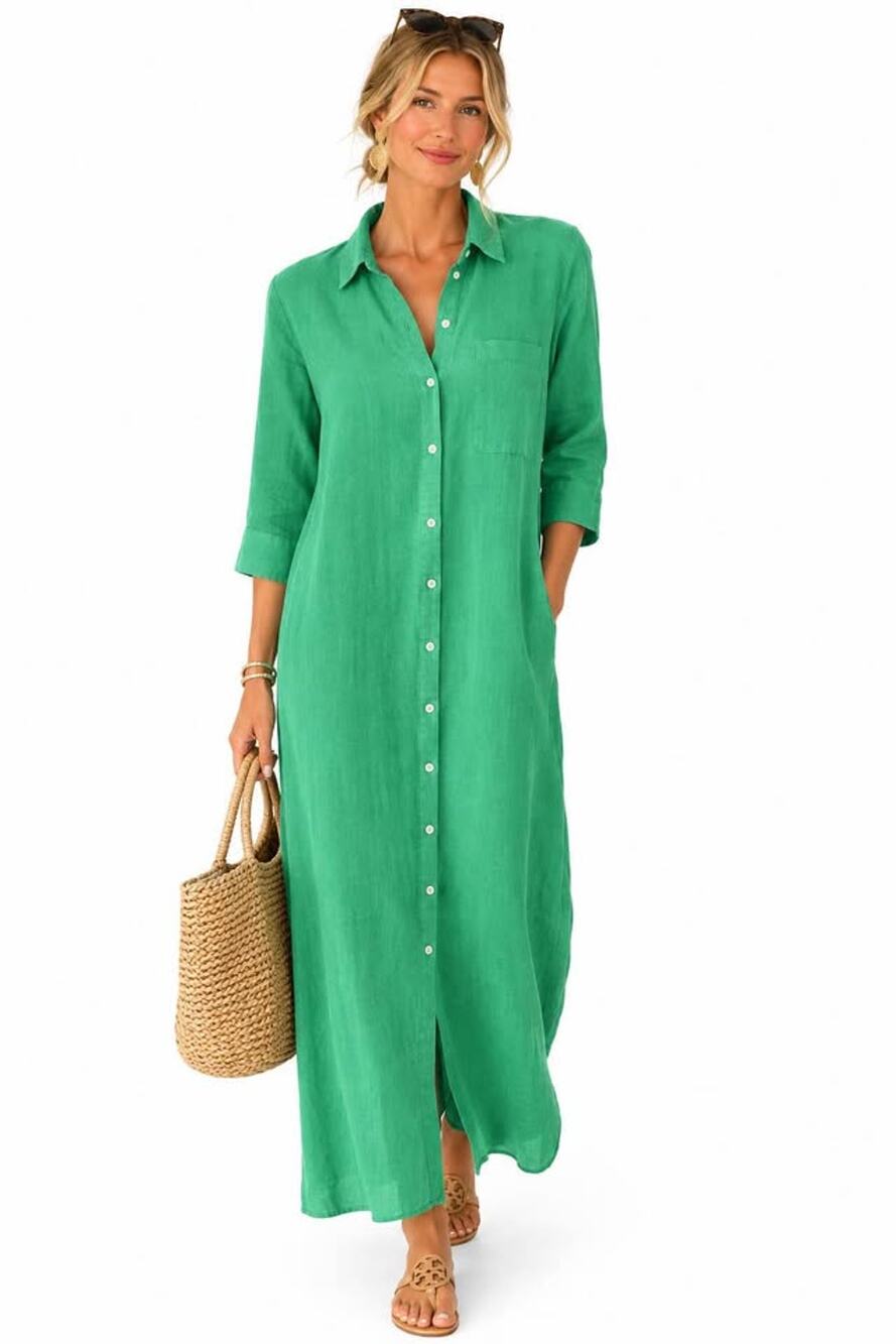 J. Jill Large Love Linen Kelly Green 3/4 Sleeve Midi Shirt Dress